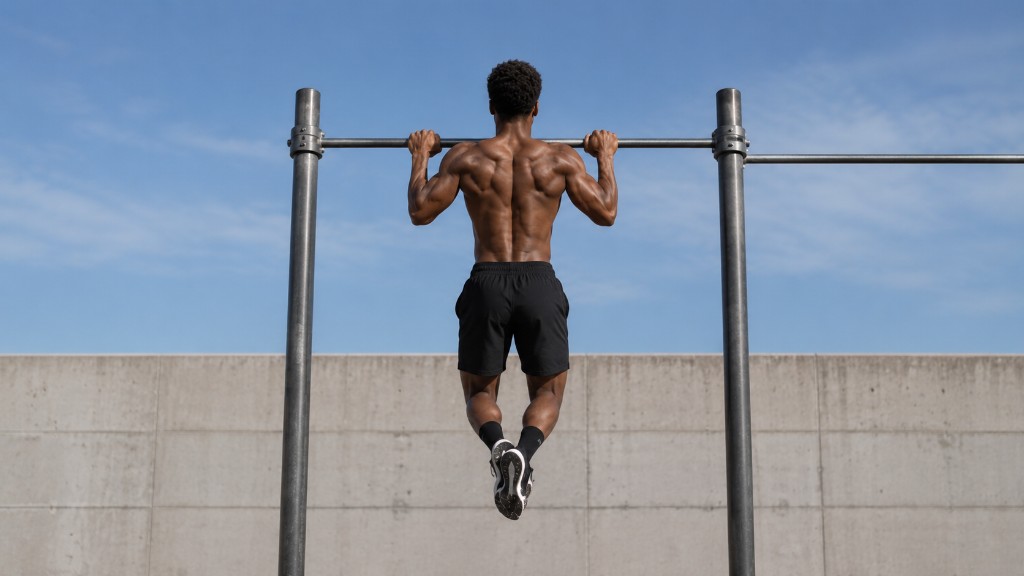 Athlete performing pull-ups on an outdoor bar