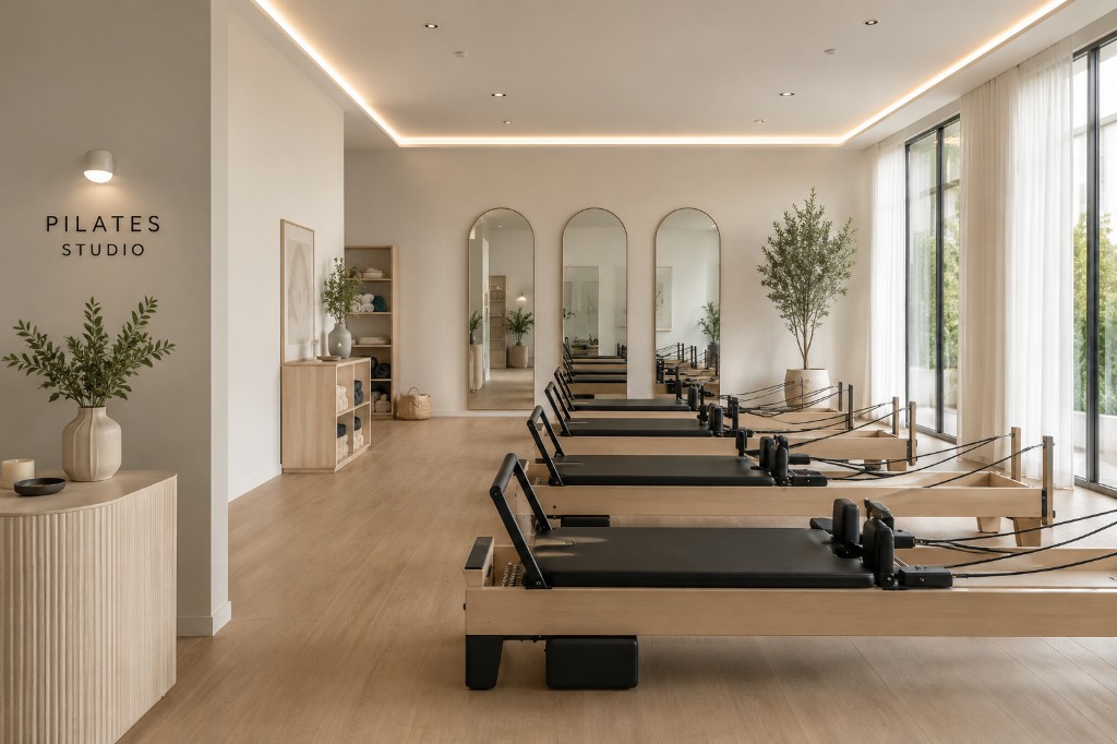 Bright Pilates studio with reformers and natural light